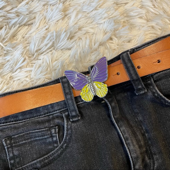90s Style Purple Yellow Butterfly Belt Italian Leather - Picture 1 of 11